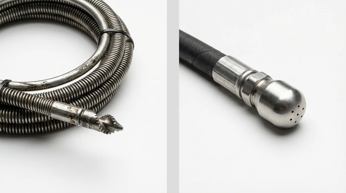 Drain snake cable and hydro jetting nozzle used for drain cleaning in Groton, MA