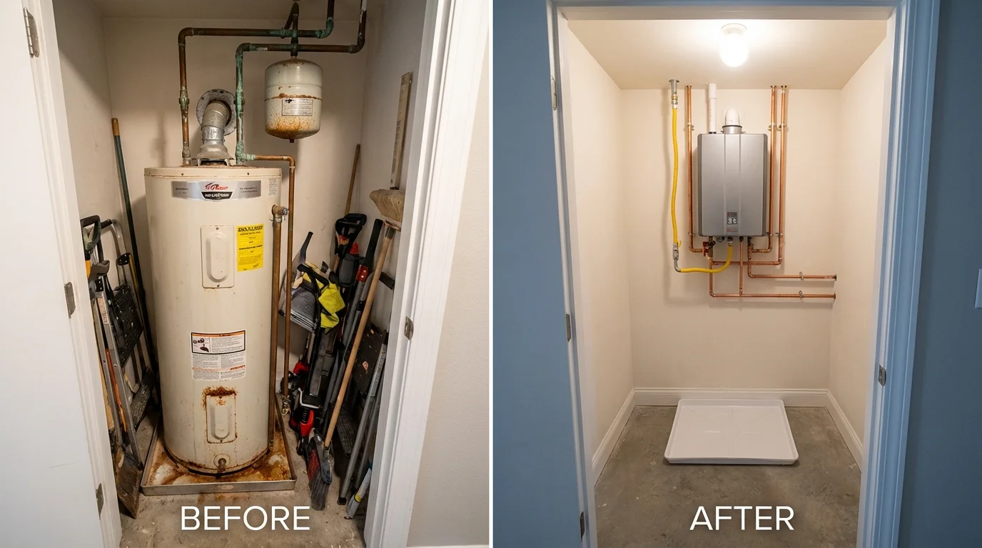 Tank water heater versus wall-mounted tankless unit comparison for Groton, MA homeowners