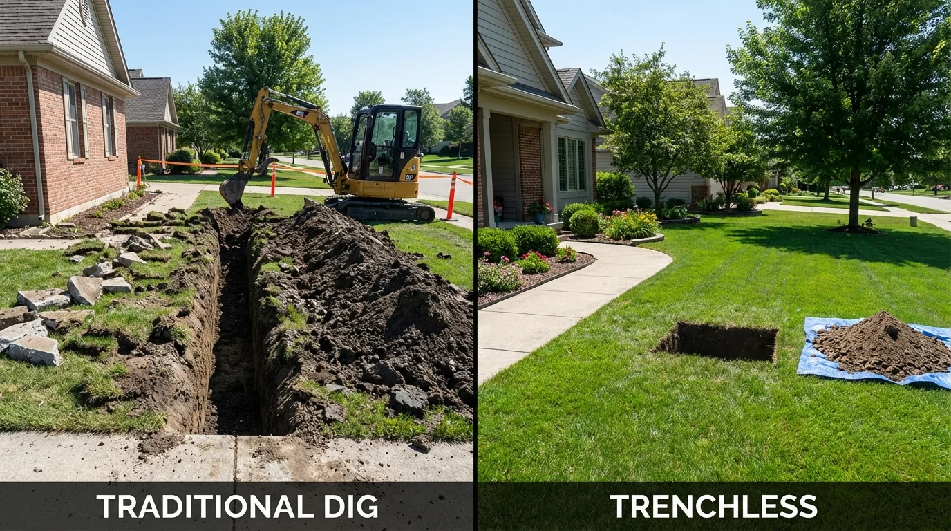 Trenchless sewer repair with minimal yard damage versus traditional excavation in Groton, MA